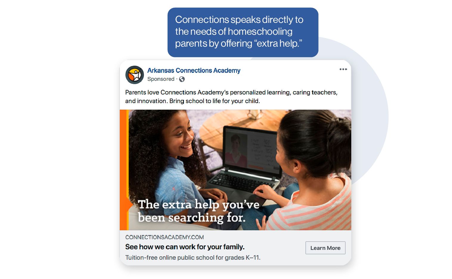 Image: A Connections Academy ad example showing that Connections speaks directly to the needs of homeschooling students by offering 