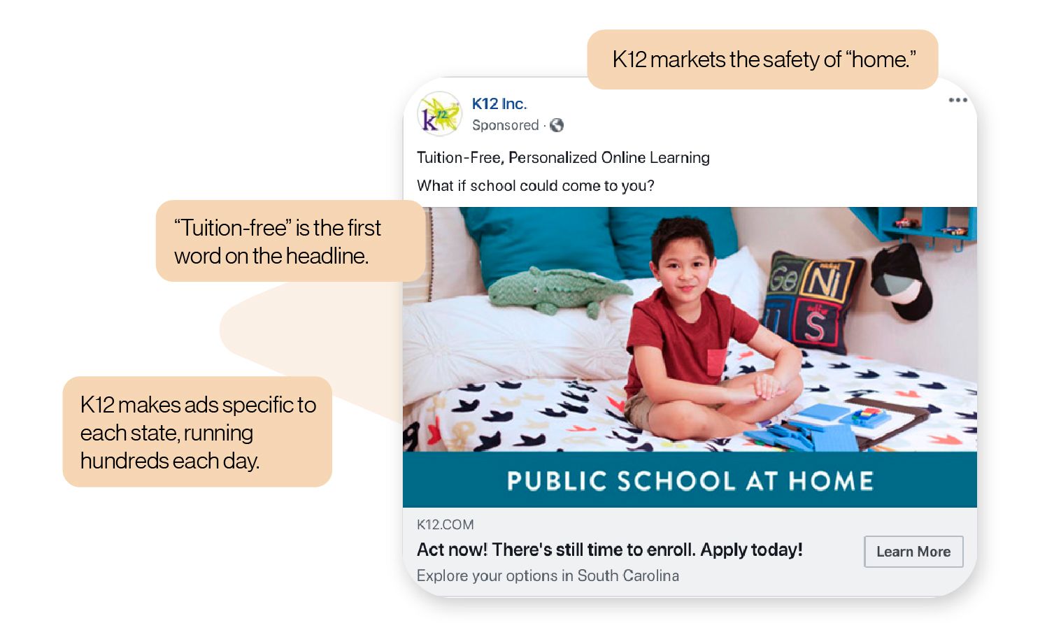 Image: A K12 Inc. Facebook ad showing a child in his own room - reemphasizes safety and free tuition