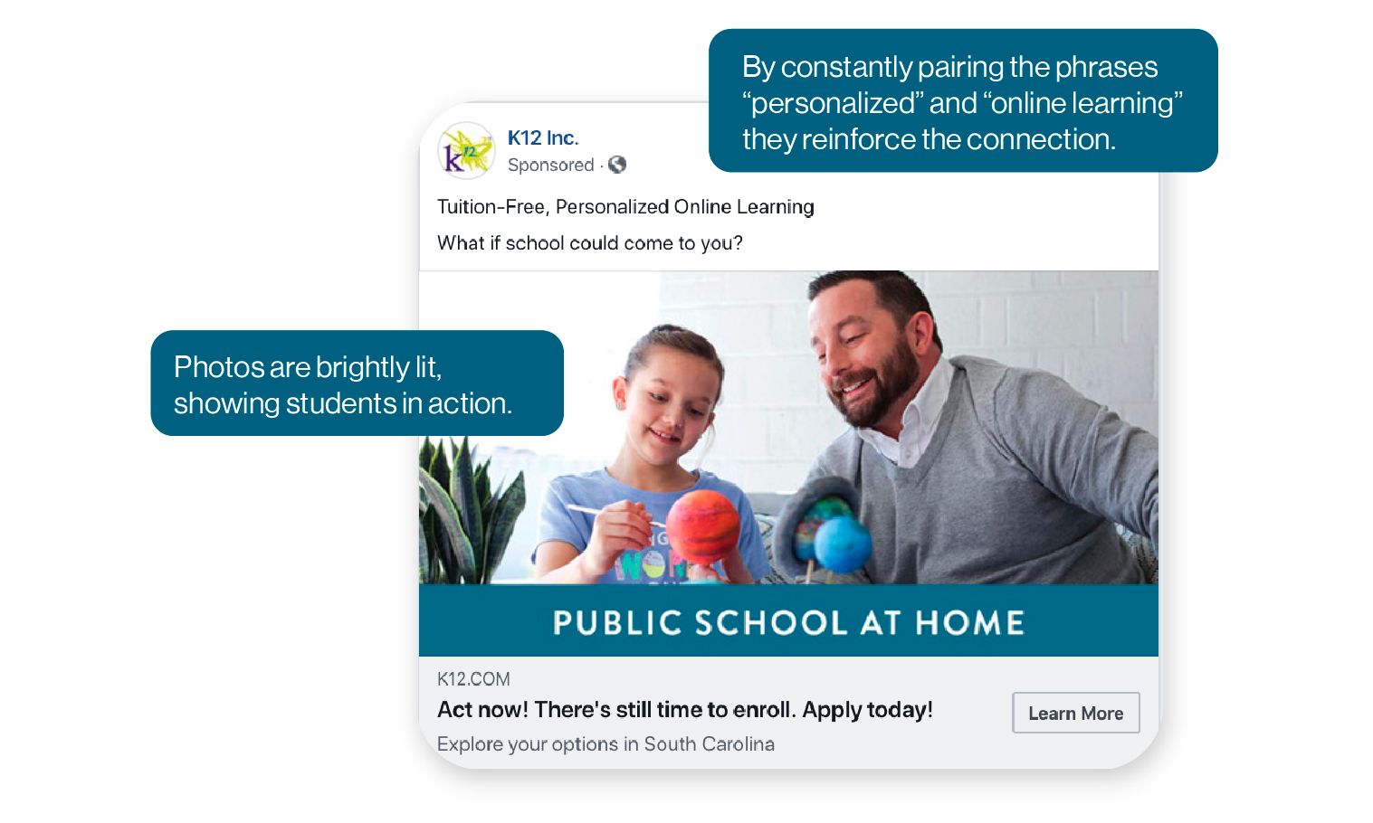 Image: K12 Inc. Ad example showing how K12 constantly pairs the phrases