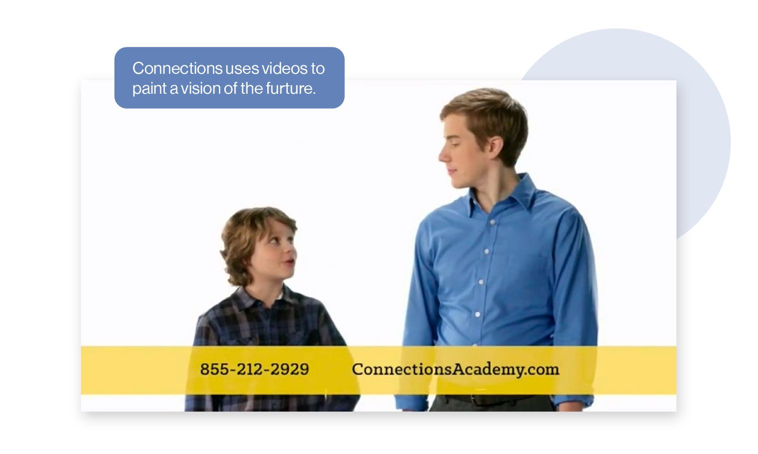 Image: Screengrab from a Connections Academy video ad showing a young boy looking at a future version of himself. Connections uses videos to paint a vision of the future for prospective students and their families.