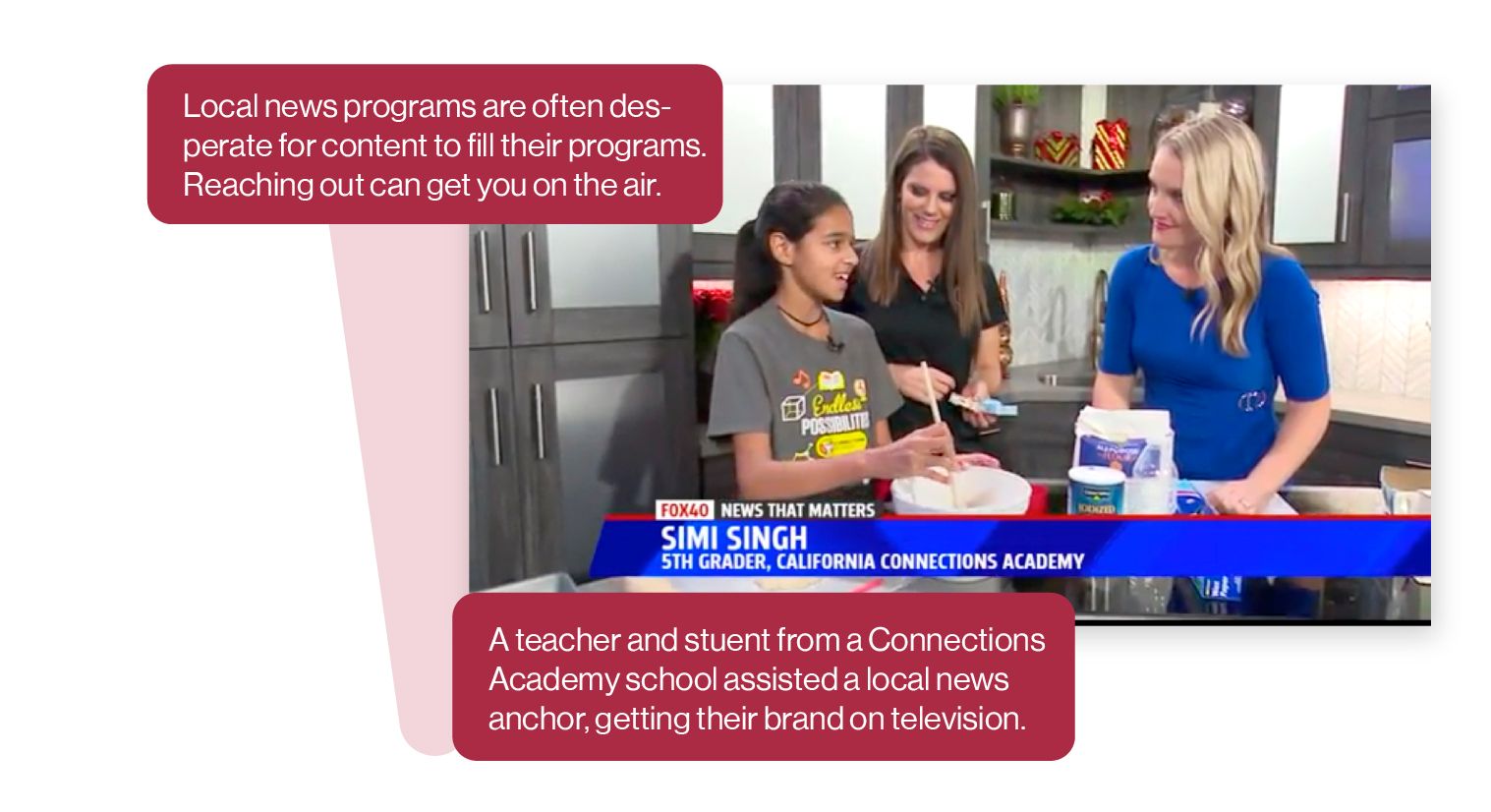 Image: Screen capture from a Connections Academy spot on a local TV news station, featuring a Connections student and their teacher talking with the news anchor. Local news programs are often looking for content, so reaching out can get you on the air.