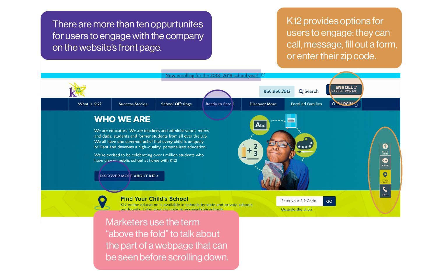 Image from K12's website highlighting 10 various opportunities for users to engage, all of which is