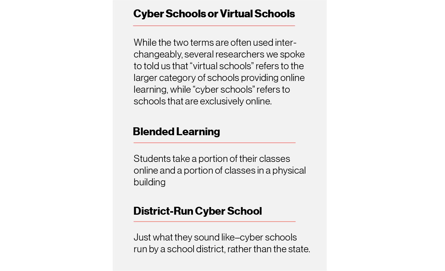 Graphic: Cyber schools or virtual schools definition — While the two terms are often used interchangeably, several researchers we spoke to told us that