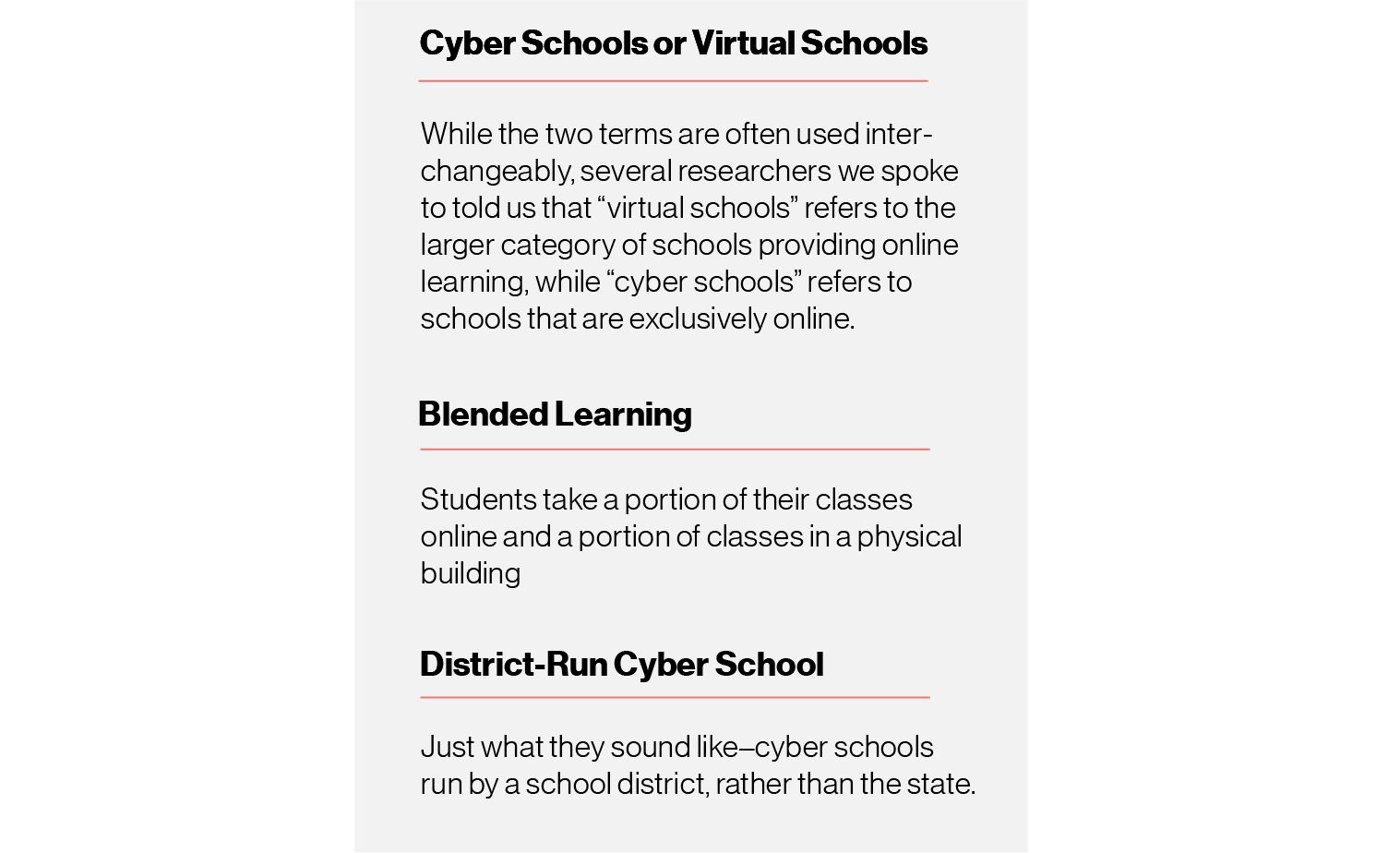 Graphic: Cyber schools or virtual schools definition — While the two terms are often used interchangeably, several researchers we spoke to told us that 