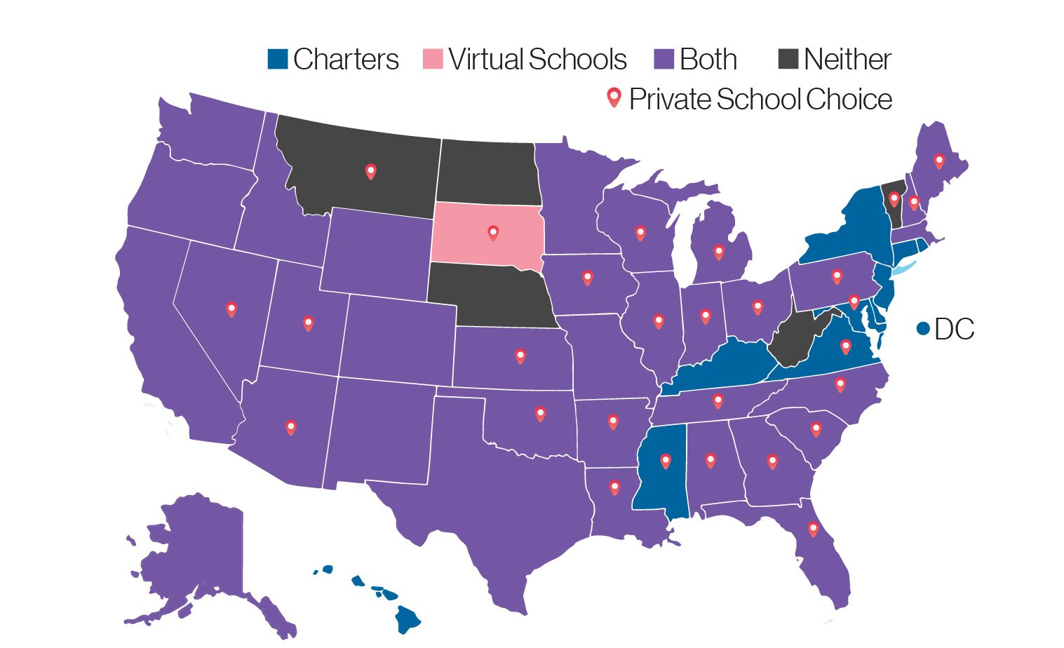 Map school choice policies by state, showing those allowing charters schools, those allowing virtual schools, those that allow both, and those that allow neither.