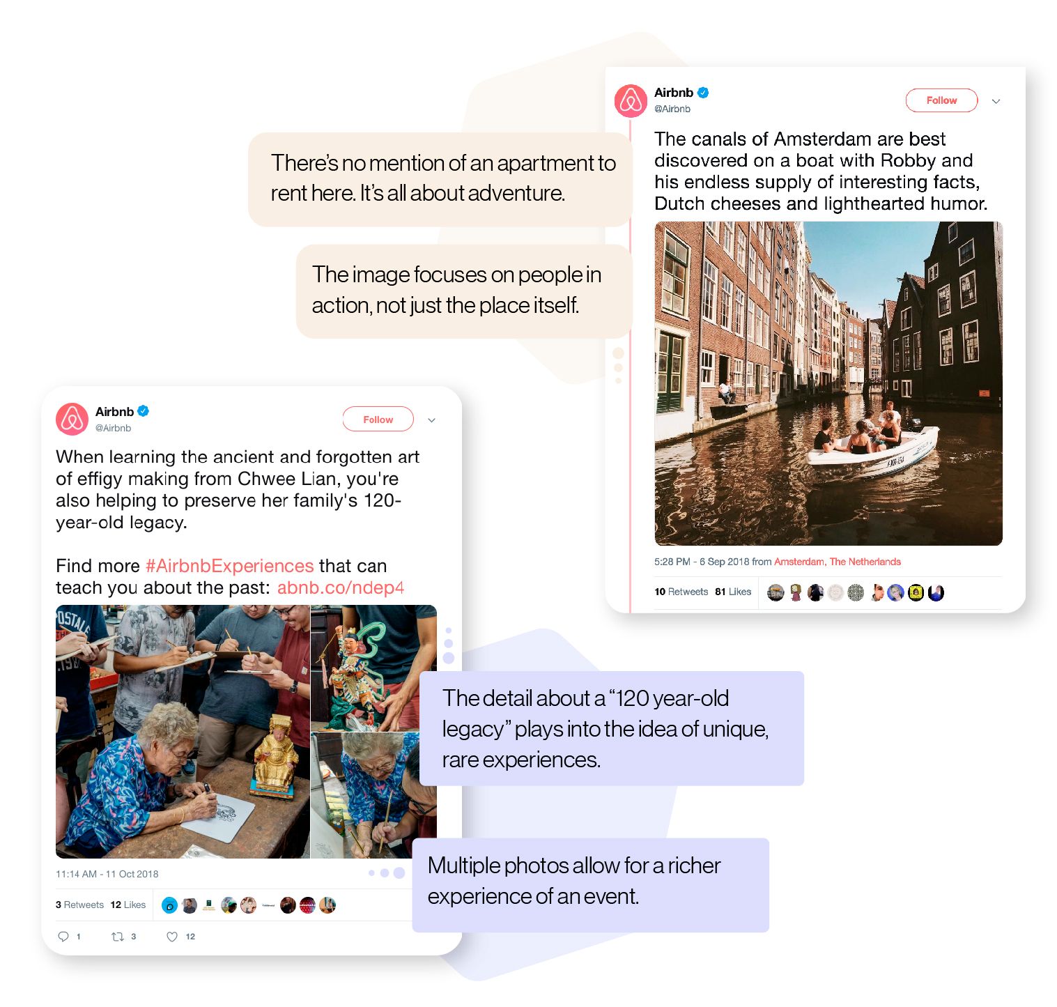 Image: Examples of tweets from Airbnb that highlight how they promote experiences and adventure, rather than just talk about apartment listings