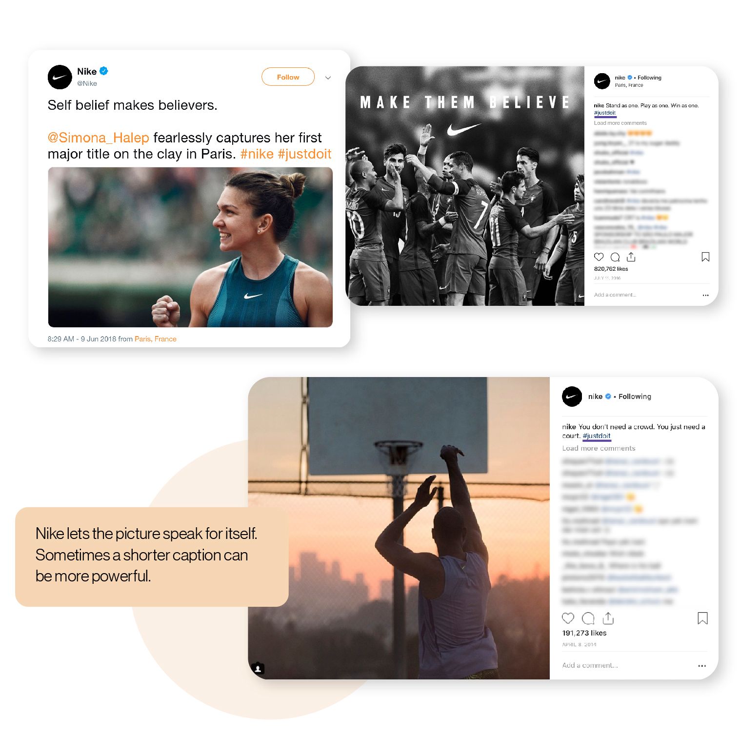 Image: Examples of tweets by Nike, with the caption,