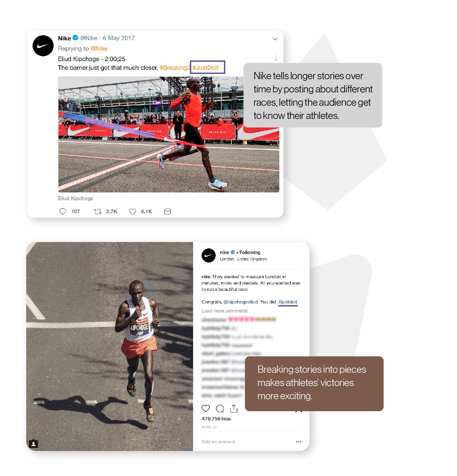 Image: Two tweets by Nike highlighting a specific marathoner over several races, an example of how Nike tells longer stories over time that make their athletes' victories more exciting.