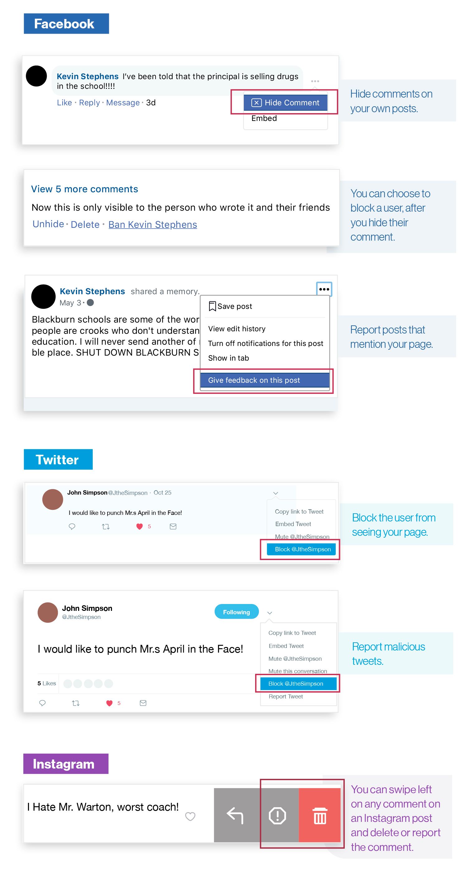 Image: Instagram/Twitter/Facebook hide and block option locations. It is easy to hide or delete inappropriate comments and to report abusive users across these social media channels.