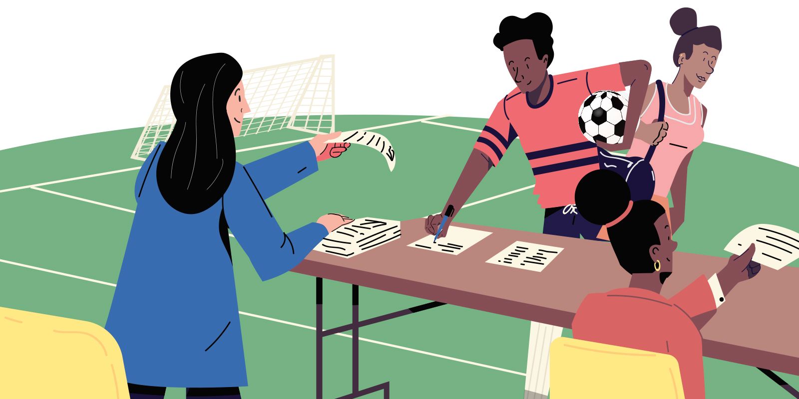 A drawing depicting a citizen signing up for a soccer tournament.