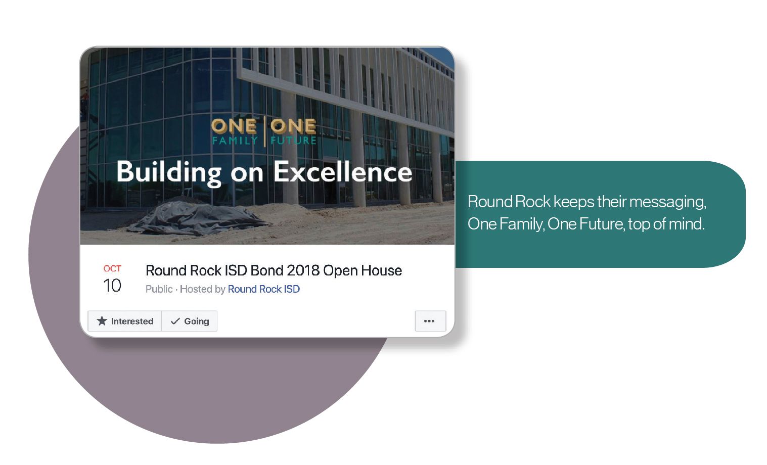 Image: An example from social media of how Round Rock ISD kept their district slogan, 'One Family, One Future', top of mind via campaign materials.