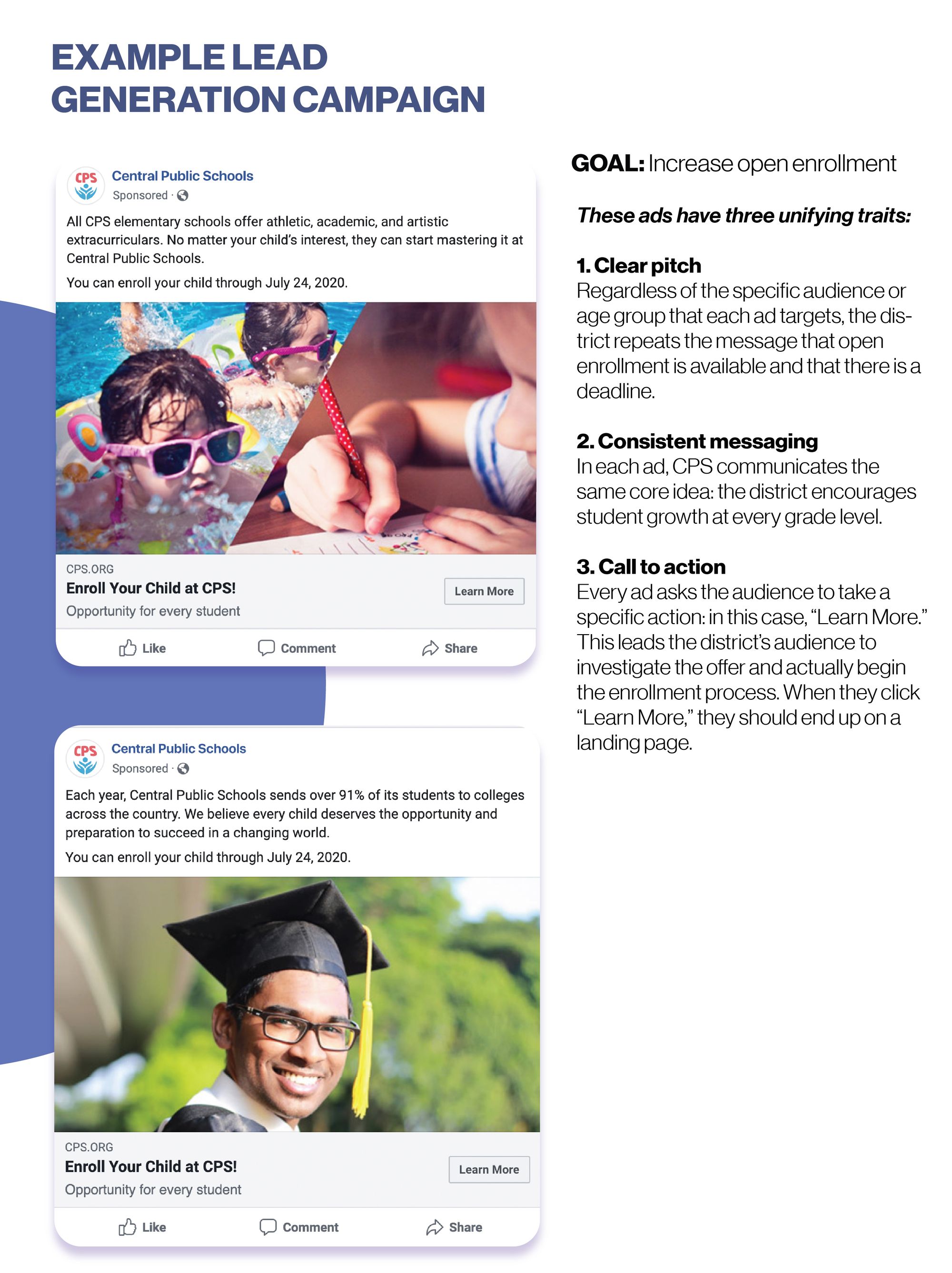 Two example Facebook advertisements for a lead generation enrollment campaign. Both have a clear pitch, consistent messaging, and a call to action.