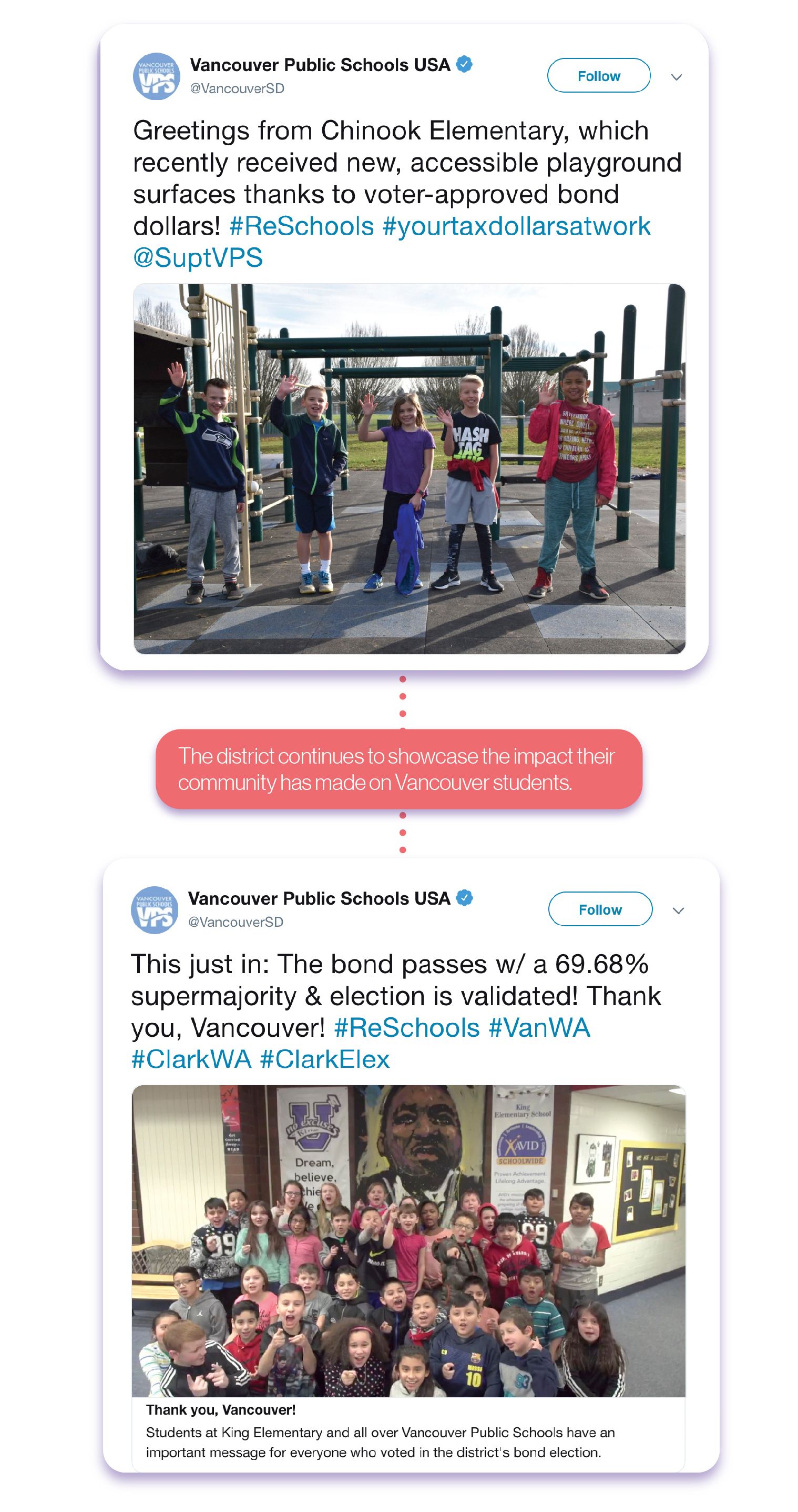 After the vote, VPS keeps voters informed by sharing photos of students celebrating the Yes vote as well as enjoying the new playground funded by the bond.
