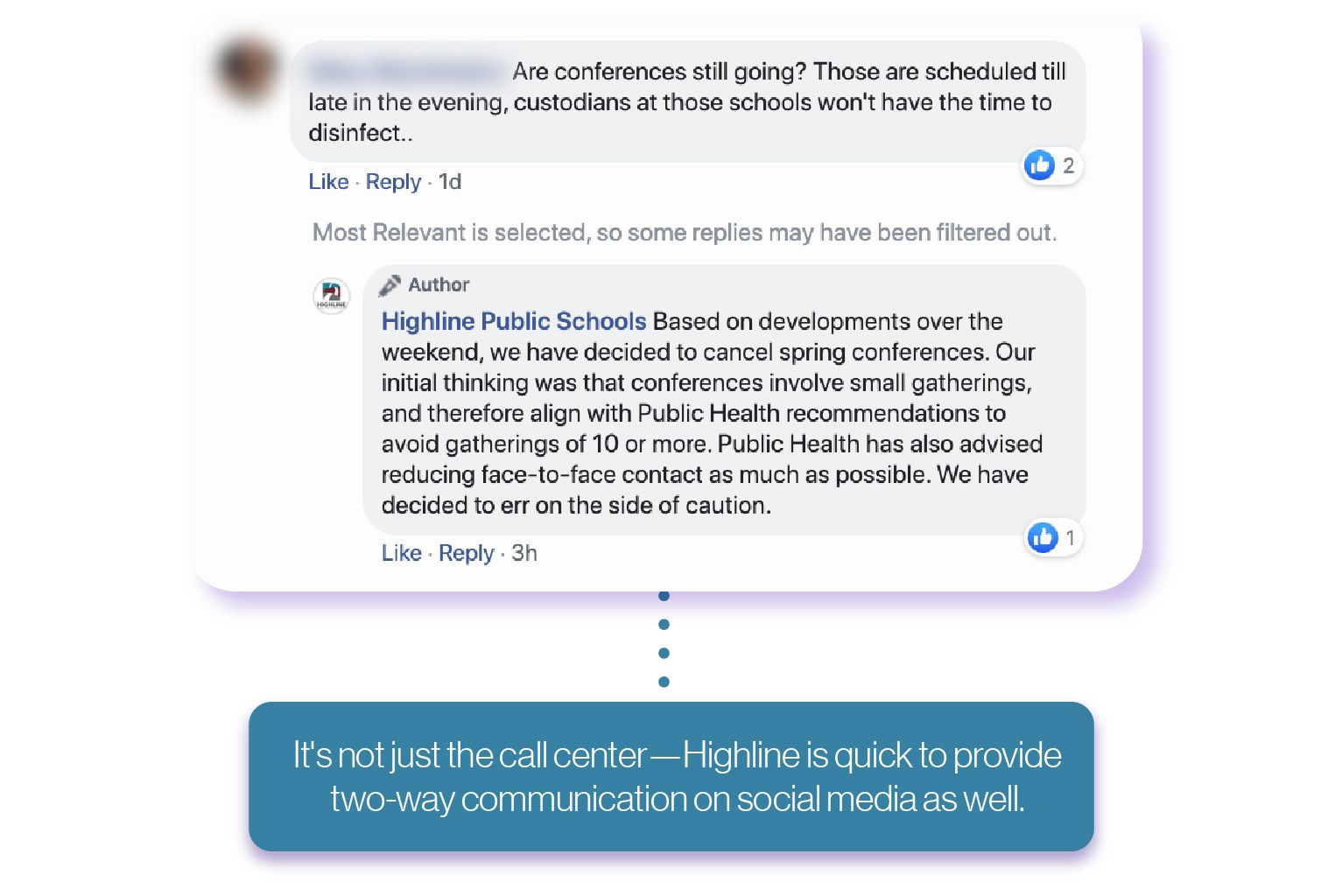 An example comment Facebook post from Highline schools shows the district responding to a community member with updated information.