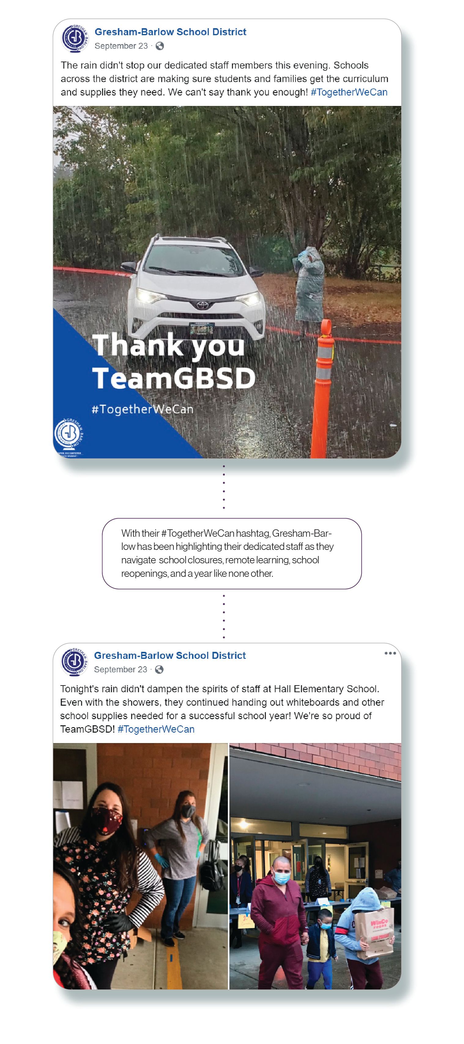 Images: two Facebook posts from Gresham-Barlow highlighting their staff's effort to support students and families, with the SchoolCEO caption,'With their #TogetherWeCan hashtag, Gresham-Barlow has been highlighting their dedicated staff as they navigate school closures, remote learning, school reopening, and a year like no other.'