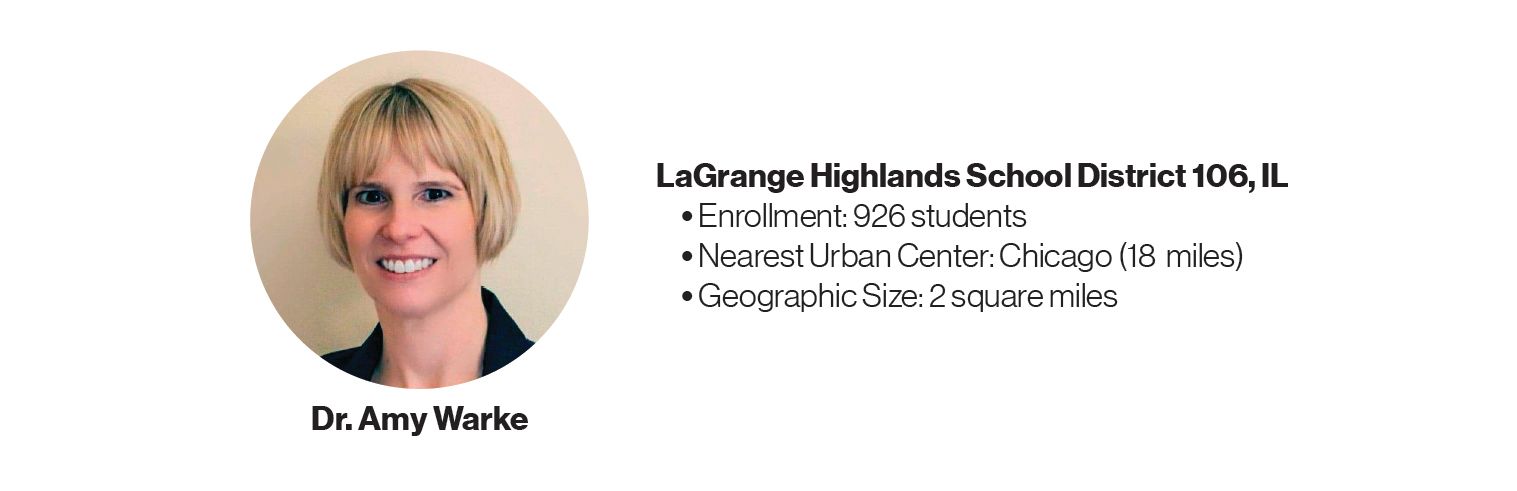 Picture of Dr. Amy Warke with some information about LaGrange Highlands School District 106, IL: Enrollment: 926 students; Nearest Urban Center: Chicago (18 miles); Geographic Size: 2 square miles.