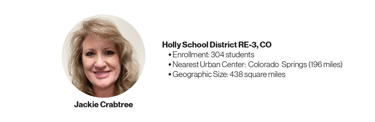 Picture of Jackie Crabtree with some information about Holly School District RE-3, CO: Enrollment: 304 students; Nearest Urban Center: Colorado Springs (196 miles); Geographic Size: 438 square miles