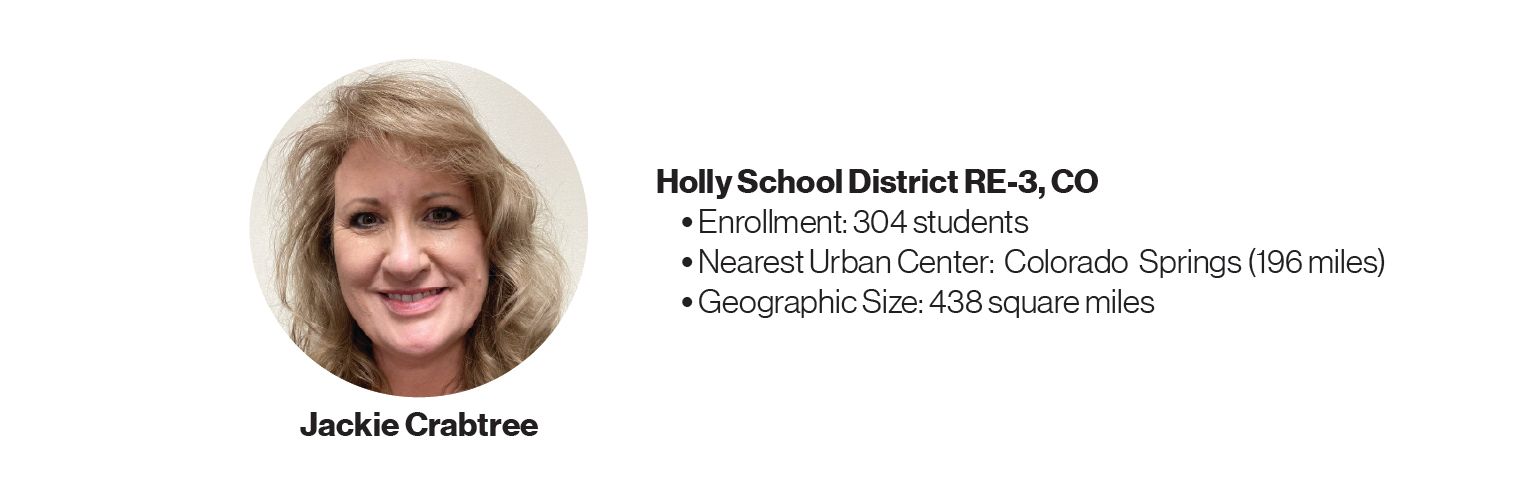 Picture of Jackie Crabtree with some information about Holly School District RE-3, CO:	Enrollment: 304 students; Nearest Urban Center: Colorado Springs (196 miles); Geographic Size: 438 square miles