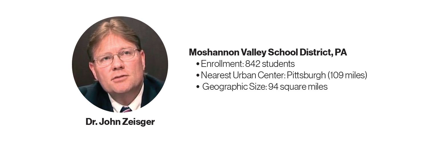 Picture of Dr. John Zeisger with some information about Moshannon Valley School District, PA: Enrollment: 842 students; Nearest Urban Center: Pittsburgh (109 miles); Geographic Size: 94 square miles