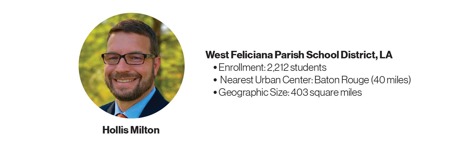 Picture of Hollis Milton with some information about West Feliciana Parish School District, LA: Enrollment: 2,212 students; Nearest Urban Center: Baton Rouge (40 miles); Geographic Size: 403 square miles