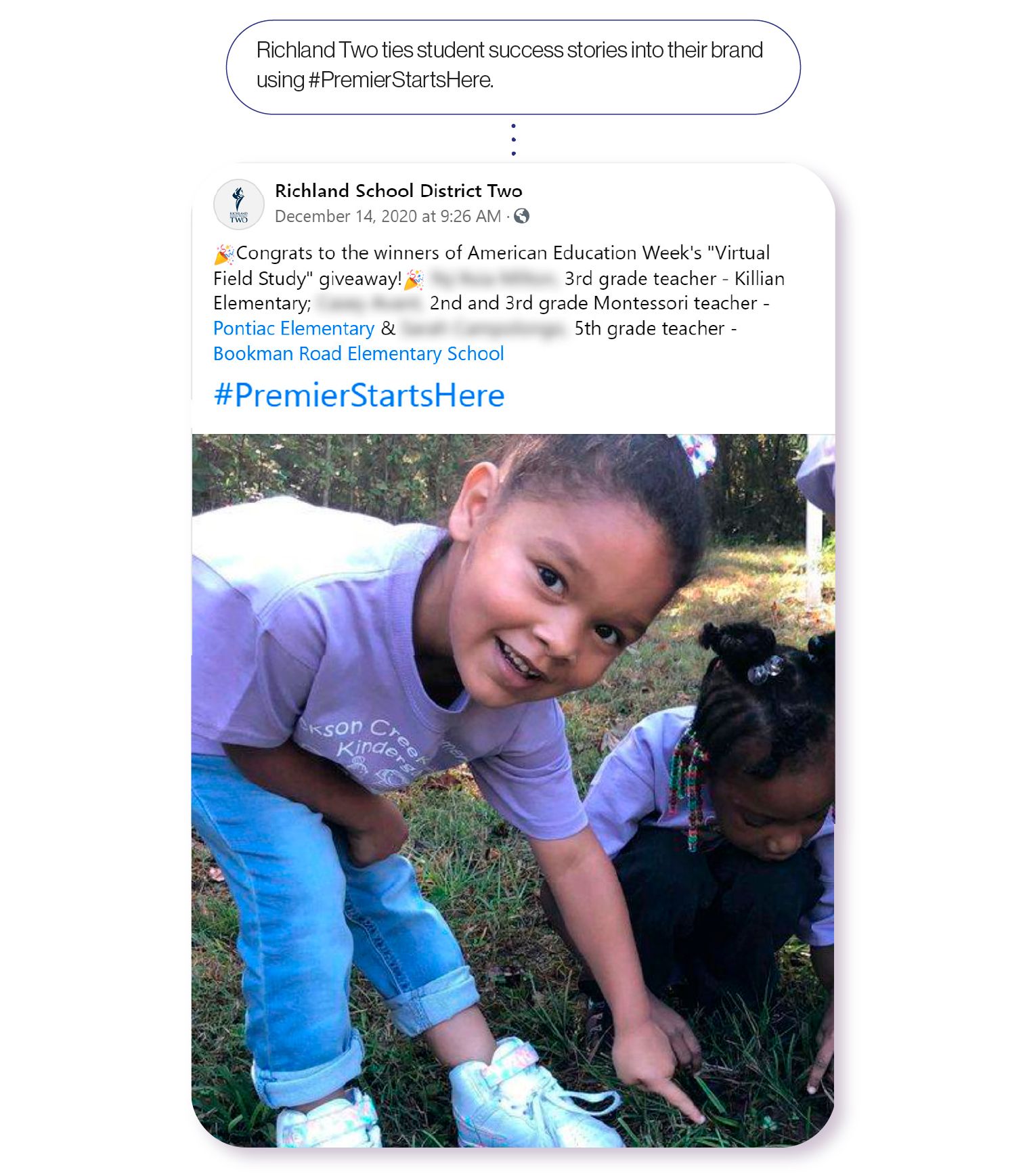Image: Facebook post from Richland Two School District. Richland Two ties student success stories into their brand using #PremierStartsHere.