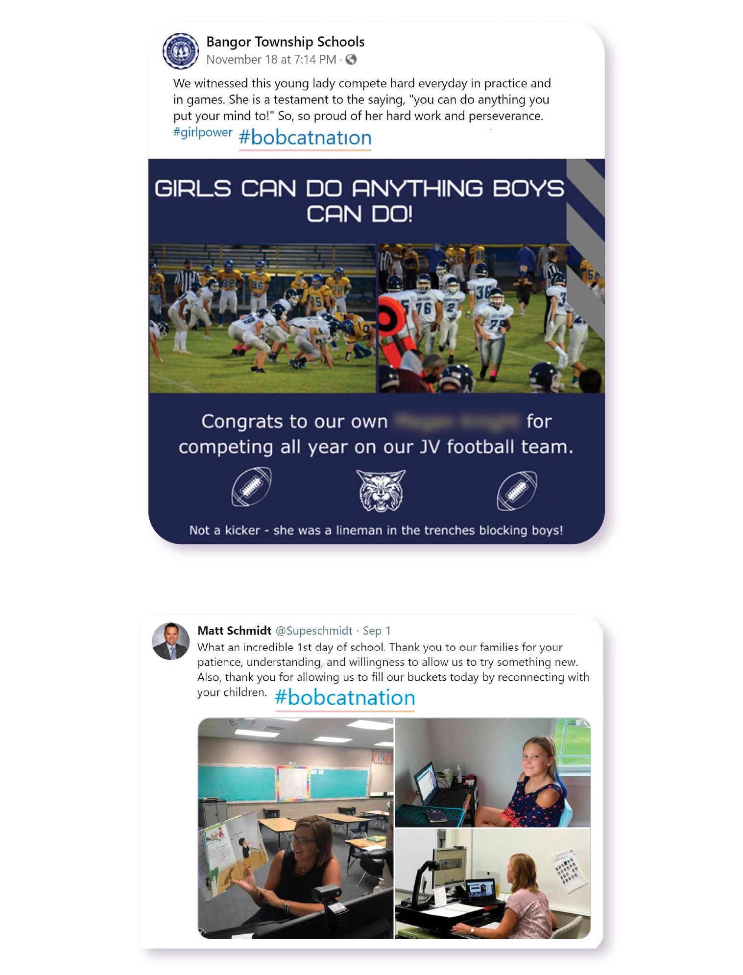 Images: Example of Bangor Township Schools using their hashtag @bobcatnation in a Facebook post celebrating student accomplishments on the athletic field as well as an example from Superintendent Matt Schmidt's Twitter feed.