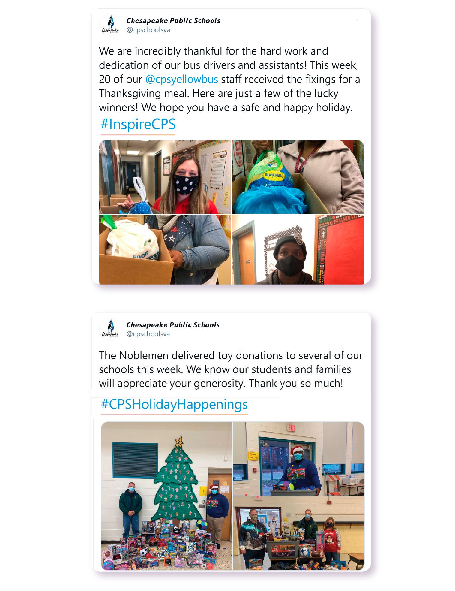 Image: In one Twitter post, Chesapeake Public Schools highlights their bus drivers while using the #InspireCPS hashtag. In another, the district celebrates a toy donation with the hashtag #CPSHolidayHappenings.