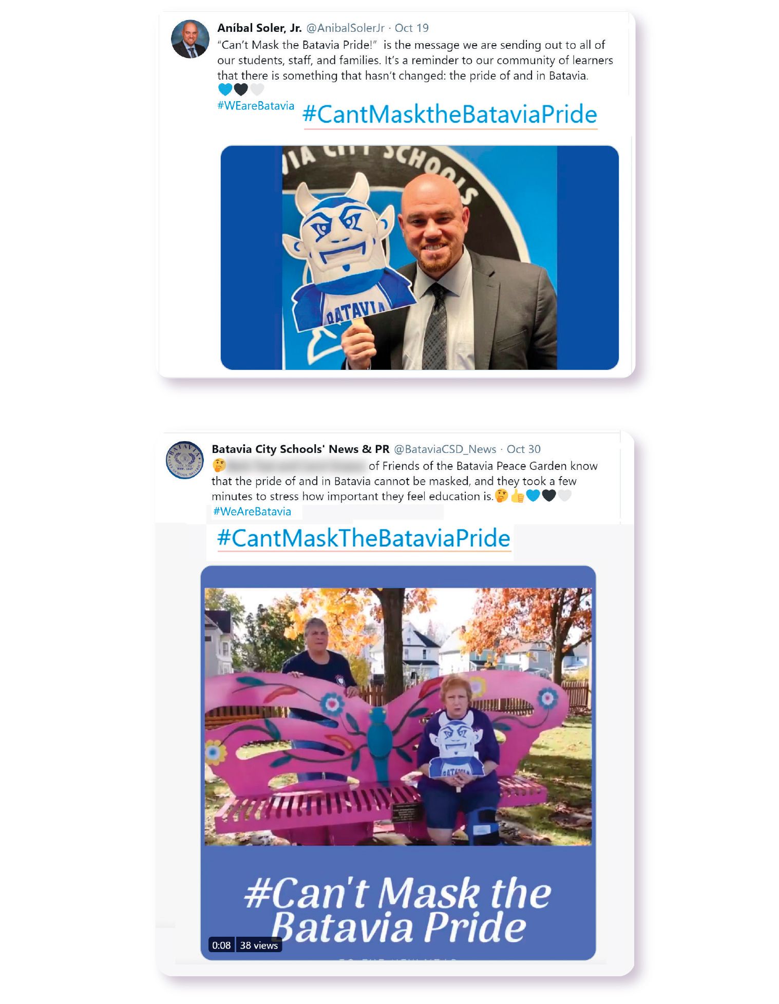 Image: Both the Batavia City School District and their Superintendent, Dr. Anibal Soler, Jr. utilize the hashtag #CantMasktheBataviaPride to showcase their community's school spirit on Twitter.