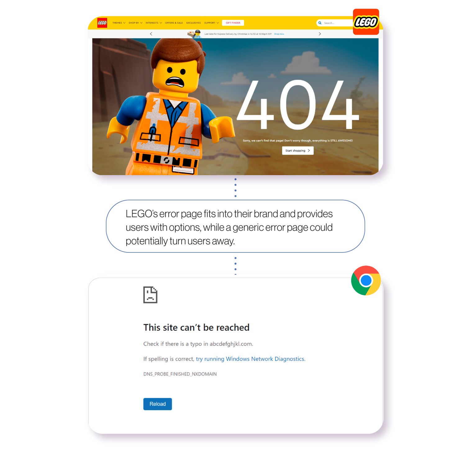 Image: Examples of error pages from LEGO and the Google Chrome web browser. LEGO's creative error page, featuring the Emmet character from The Lego Movie, fits into their brand and provides users with links to navigate to other parts of their website. A generic error page, on the other hand, could potentially turn site visitors away.