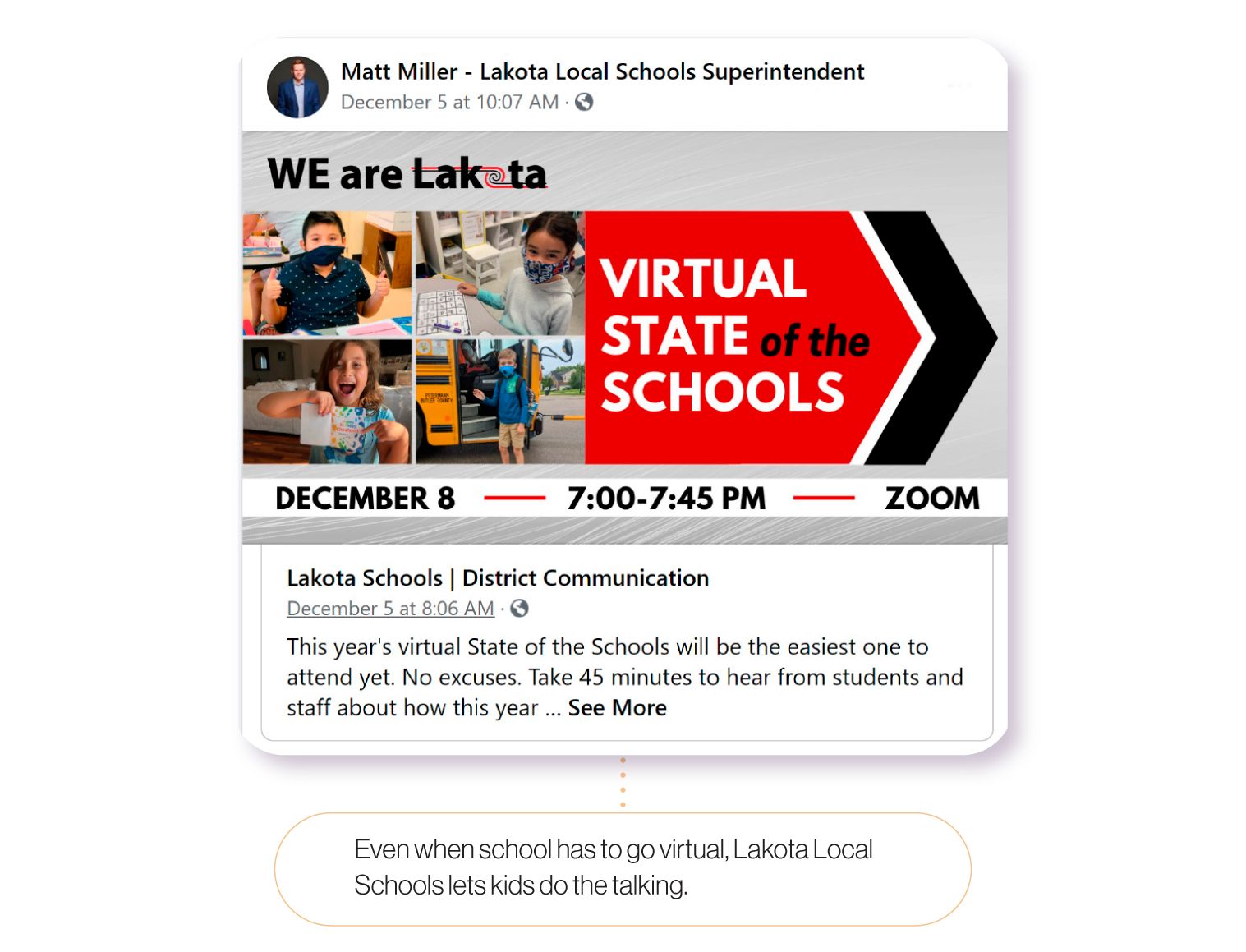 Image: A Facebook post from Lakota Local Schools Superintendent Matt Miller, highlighting students as part of his State of the Schools. Even when schools go virtual, Lakota Local Schools lets students do the talking.