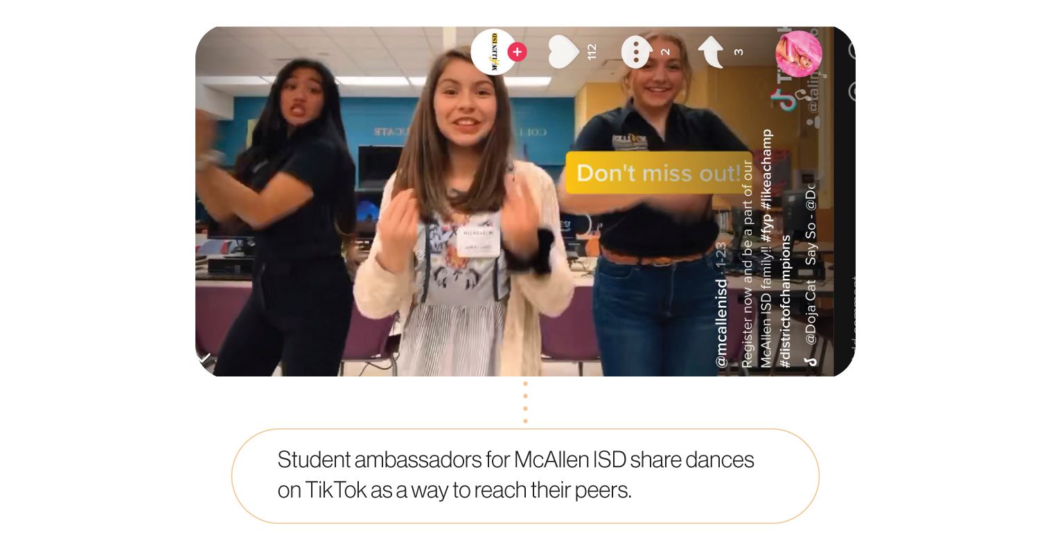 Image: A still from one of McAllen ISD's TikTok videos. Student ambassadors from McAllen ISD share dances on TikTok as a way to reach their peers.