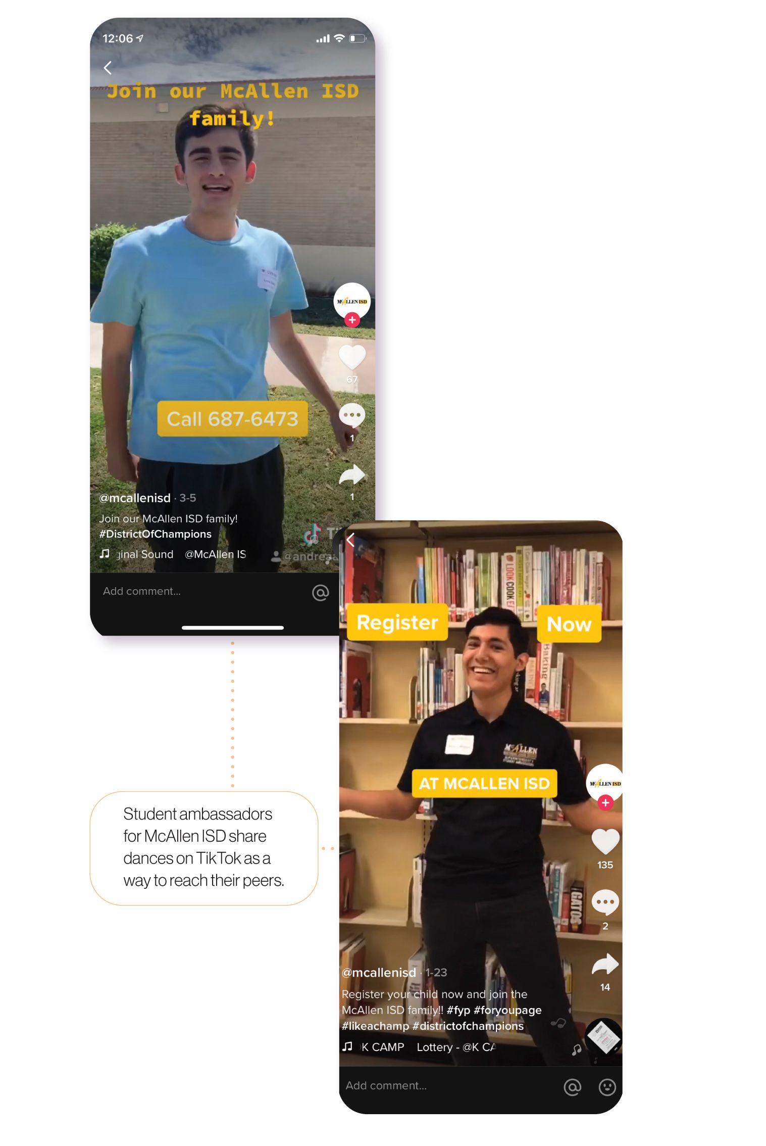 Image: Stills from McAllen ISD's TikTok. McAllen ISD recruits prospective families by putting students front and center on platforms kids are using.