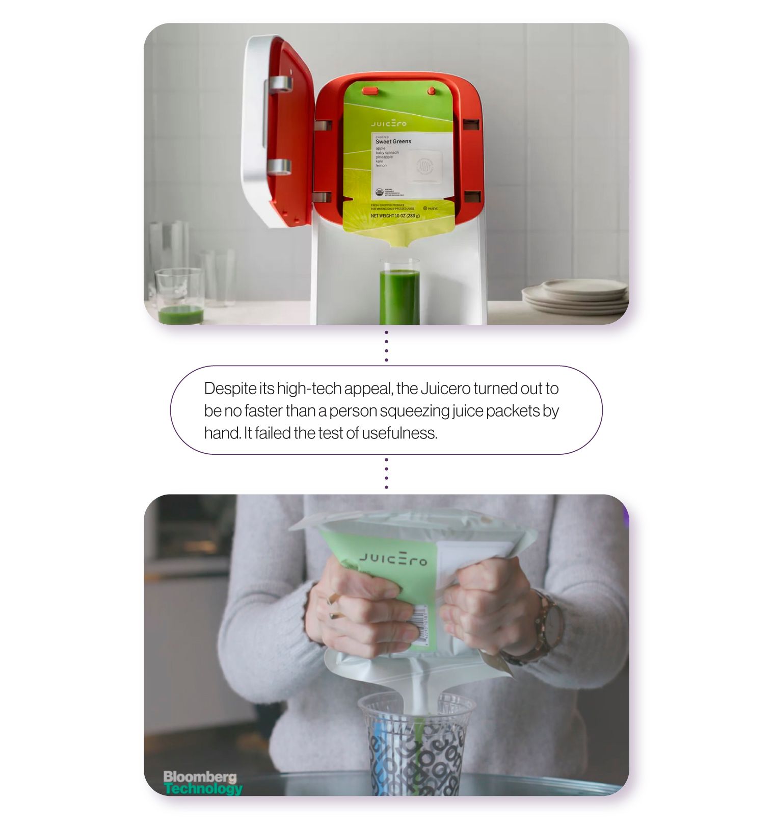 Image: An image of the Juicero jucicer, alongside a still from the Bloomberg video putting it to the test. Despite its high-tech appeal,the Juicero turned out to be no faster than a person squeezing juice packets by hand. It failed the test of usefulness.