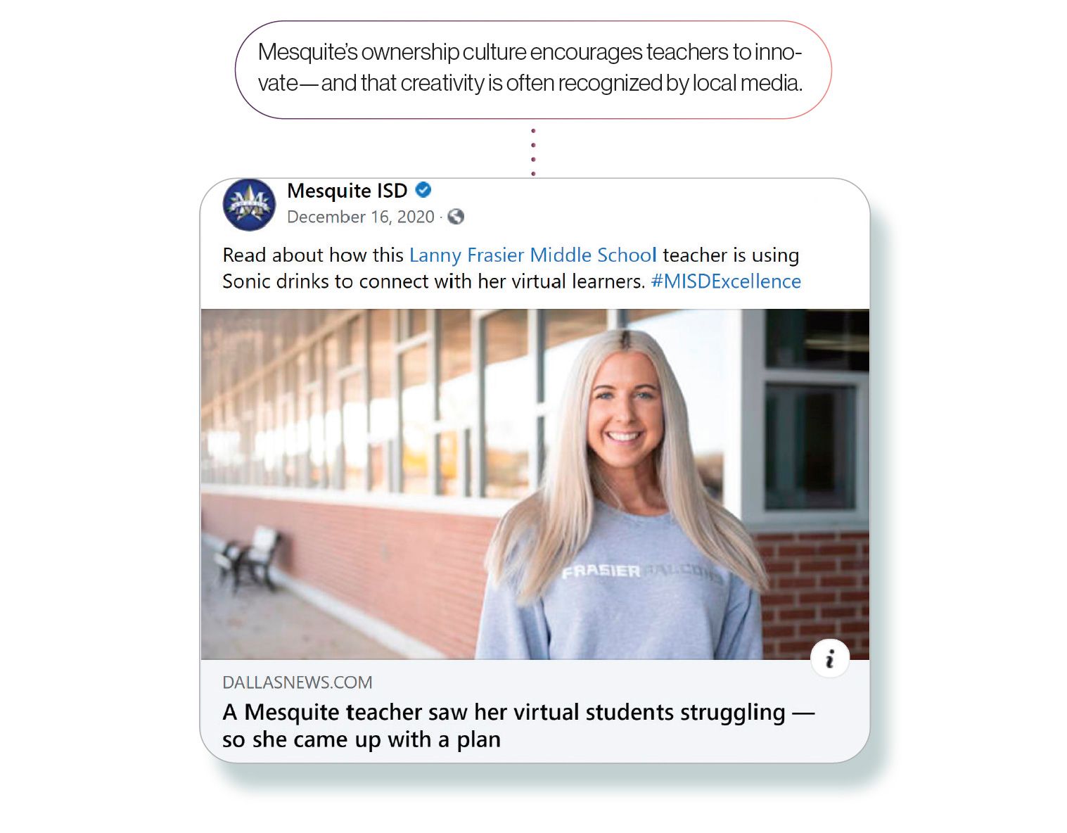 Image: A Facebook post by Mesquite ISD sharing a Dallas News story highlighting one of their teachers, with the SchoolCEO caption 'Mesquite’s ownership culture encourages teachers to innovate—and that creativity is often recognized by local media.'