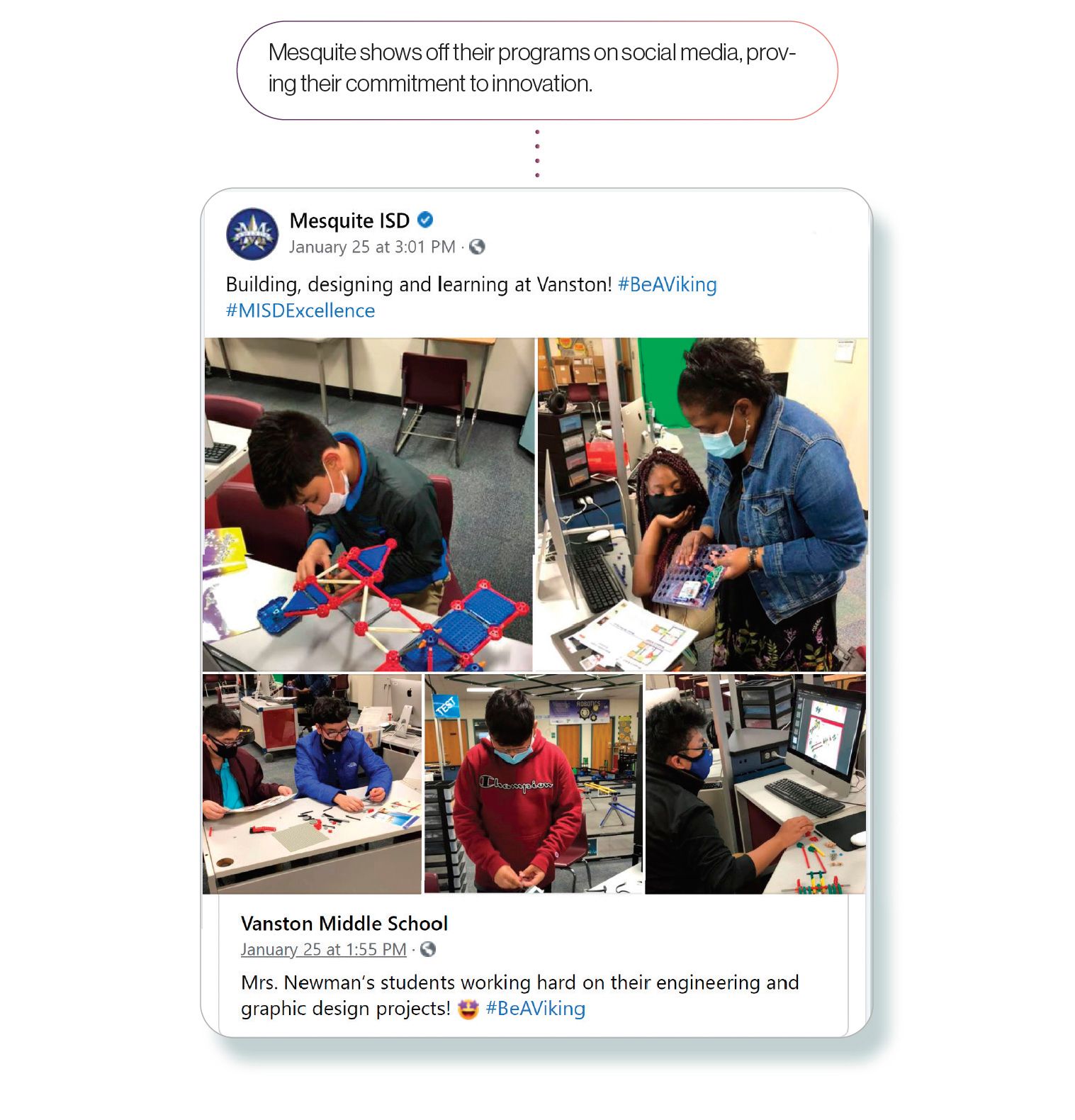 Image: A Facebook post by Mesquite ISD showcasing middle school students working on graphic design and engineering projects, with the SchoolCEO caption 'Mesquite shows off their programs on social media, proving their commitment to innovation'