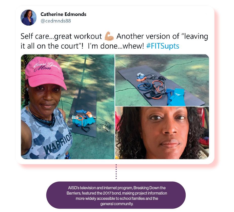 Image: A Tweet from Catherine Edmonds about her workout, with the SchoolCEO caption '#FitSupts is all about self-care, whether through exercise, meditation, or even time with friends.'