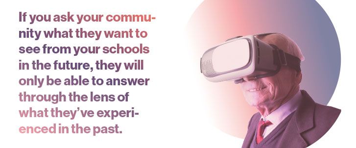 Old man with a virtual reality headset, with the pull-quote 'If you ask your community what they want to see from your schools in the future, they will only be able to answer through the lens of what they've experienced in the past.'