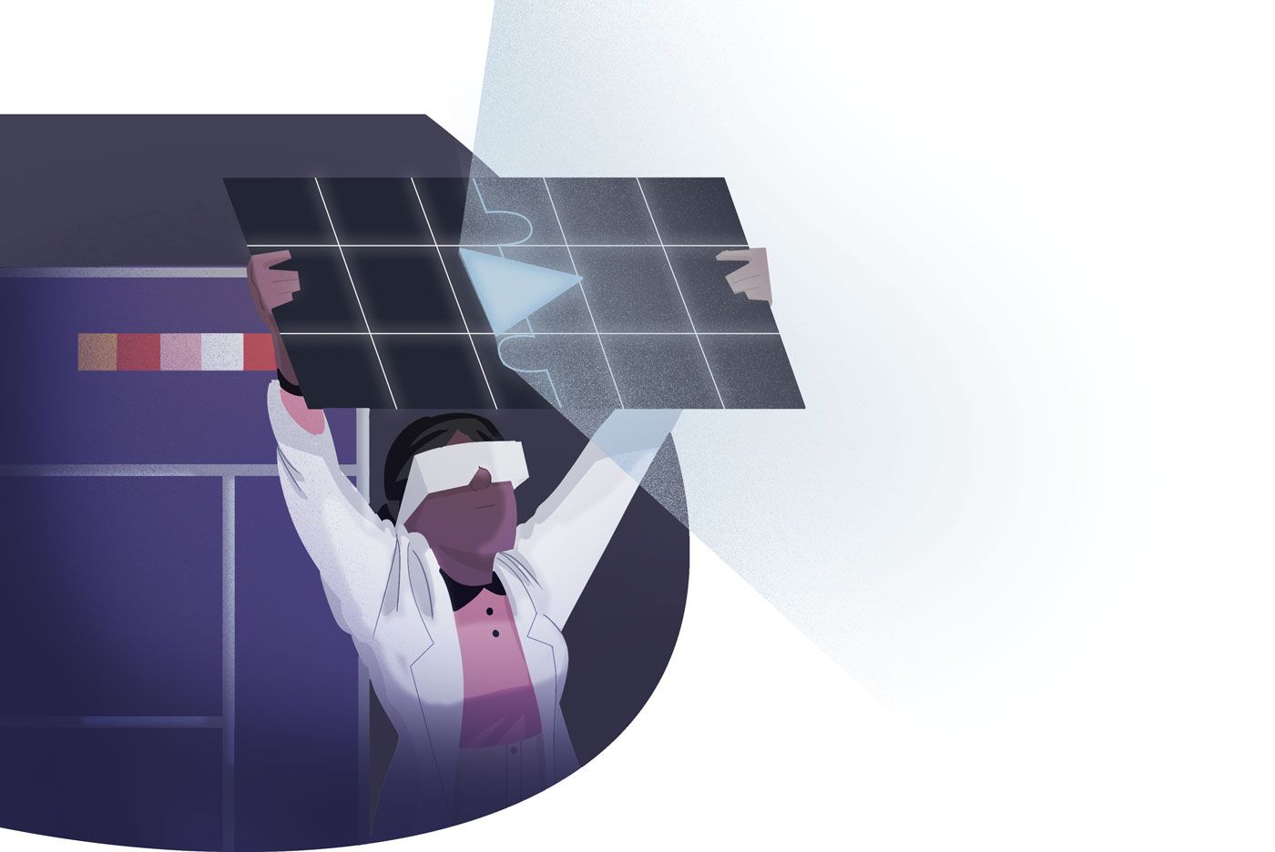 A scientist holding up a solar panel-like piece of technology, with light shinning from it.