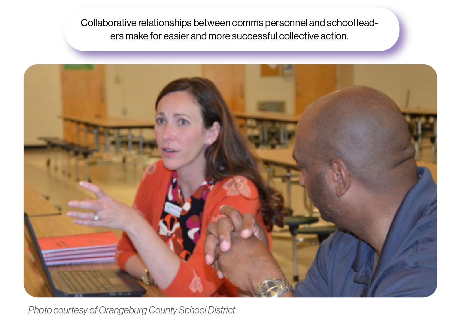 Image: Merry Glenne Piccolino, Orangeburg County School District's Assistant Superintendent for Communications, talks with someone in a school cafeteria with the SchoolCEO caption 'Collaborative relationships between comms personnel and school leaders make for easier and more successful collective action.'