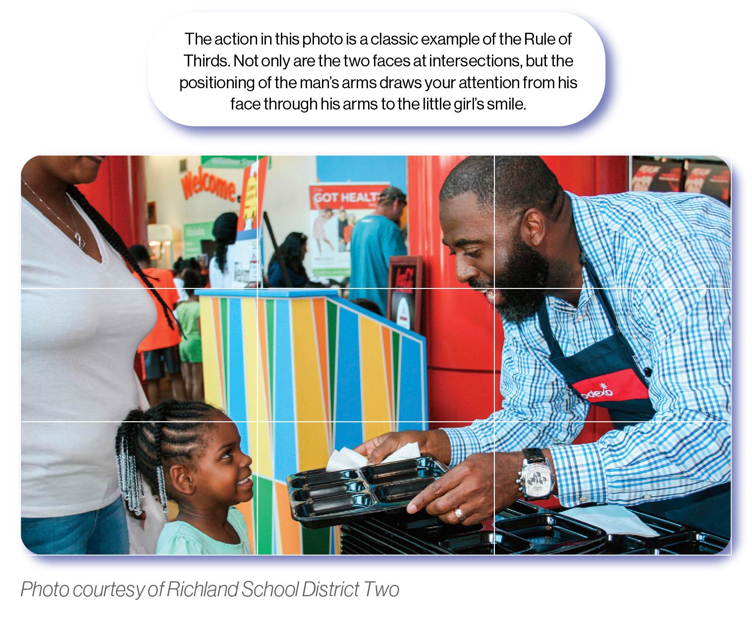 Image: An image of Superintendent Dr. Baron Davis handing a smiling child a lunch tray in a school cafeteria, with the SchoolCEO caption 'The action in this photo is a classic example of the Rule of Thirds. Not only are the two faces at intersections, but the positioning of the man's arms draws your attention from his face through his arms to the little girl's smile.'