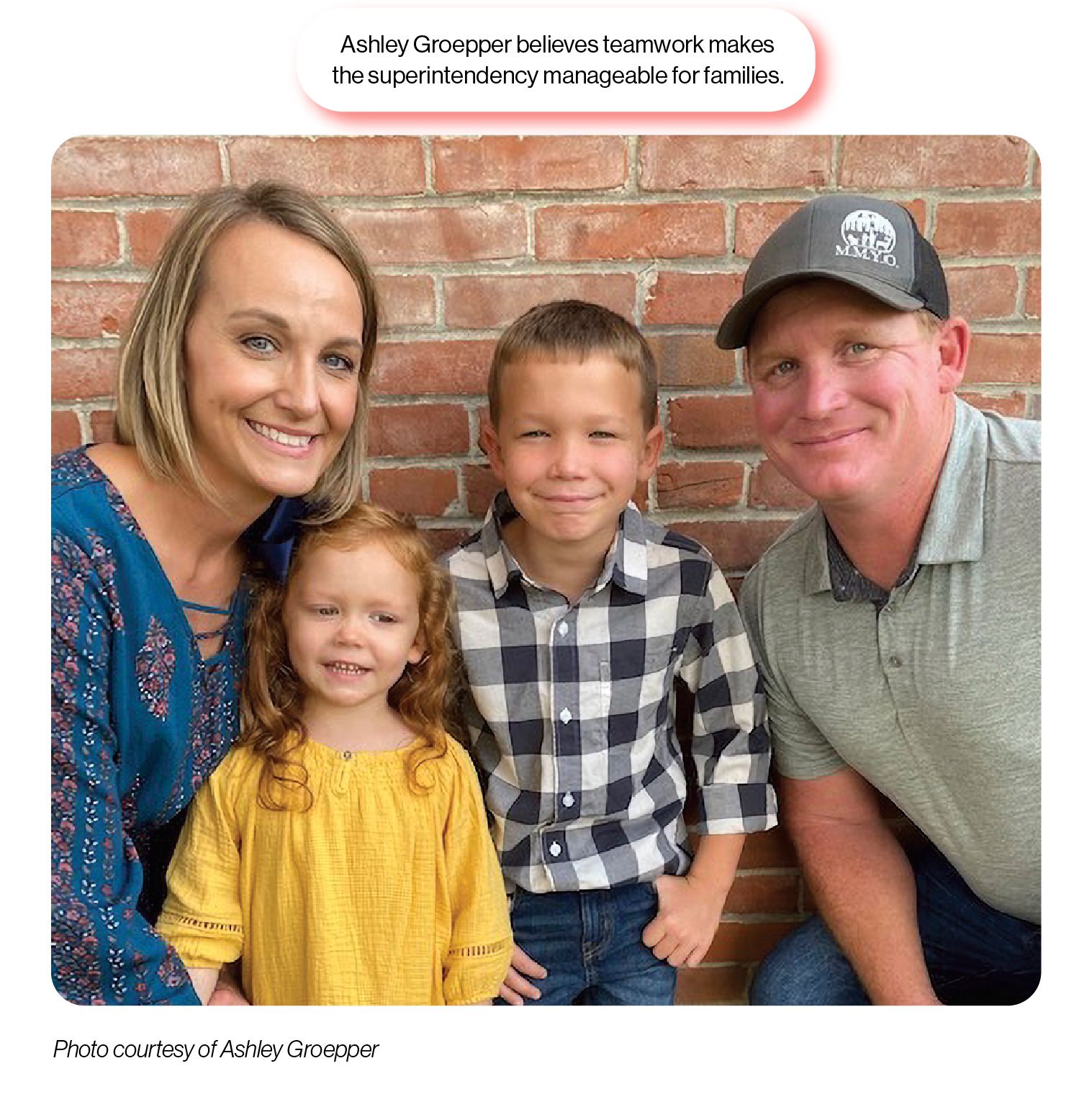 Image: Pilot Grove School District Superintendent Ashley Groepper with her husband and two kids, with the SchoolCEO caption 'Ashley Groepper believes teamwork makes the superintendency manageable for families.'