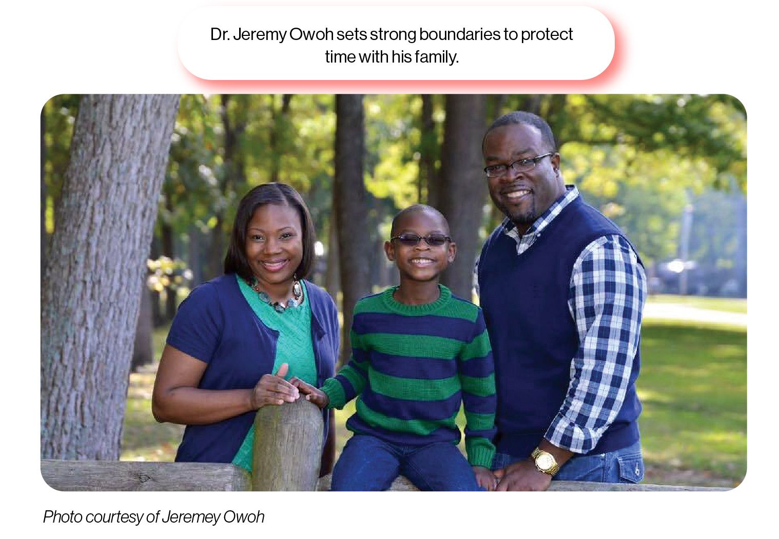 Image: Jacksonville North Pulaski Superintendent Dr. Jeremy Owoh with his wife and son, with the SchoolCEO caption 'Dr. Jeremy Owoh sets strong boundaries to protect time with his family.'
