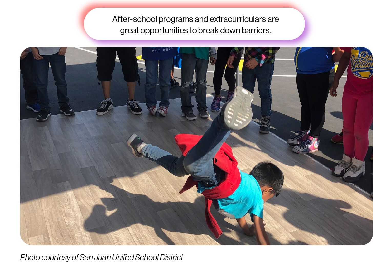 Image: A young student dancing with friends, with the SchoolCEO caption 'After-school programs and extracurriculars are great opportunities to break down barriers.'