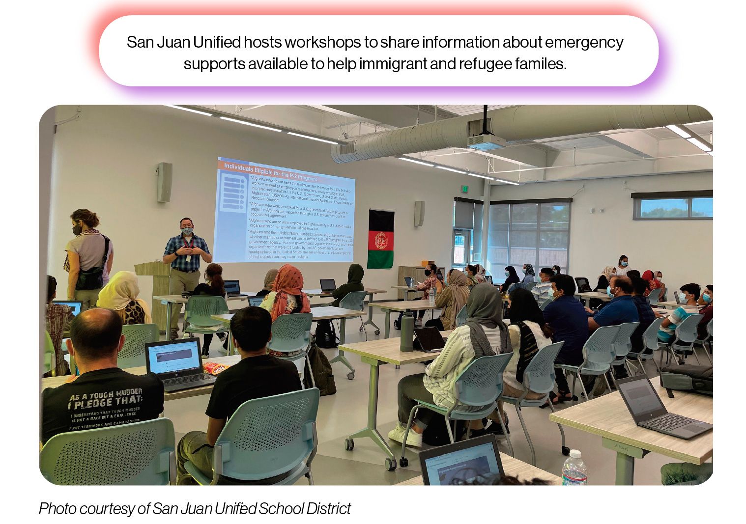 Image: A classroom full of adults watch a PowerPoint presentation, with the SchoolCEO caption 'San Juan Unified hosts workshops to share information about emergency supports available to help immigrant and refugee families.'
