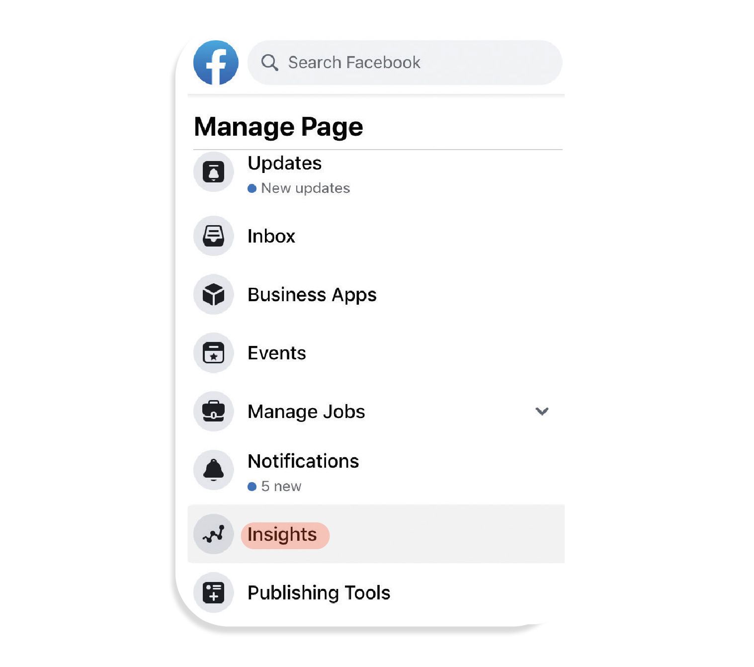 Image: A screenshot showing where to find the Insights menu on a Facebook page, which is in the Manage Page column, between Notifications and Publishing Tools.