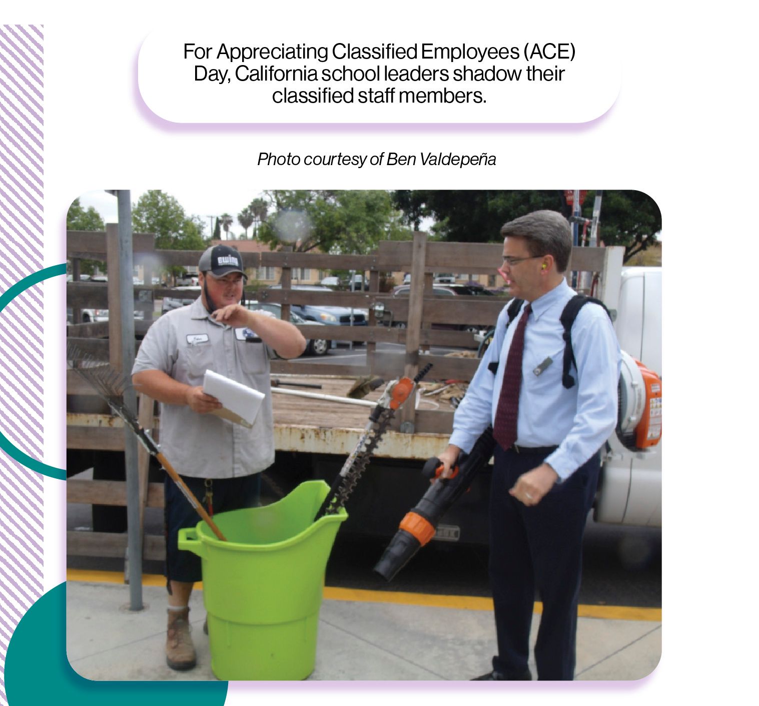 Image: A California superintendent working with groundskeeping staff, with the SchoolCEO caption 'For Appreciating Classified Employees (ACE) Day, California school leaders shadow their classified staff members.'