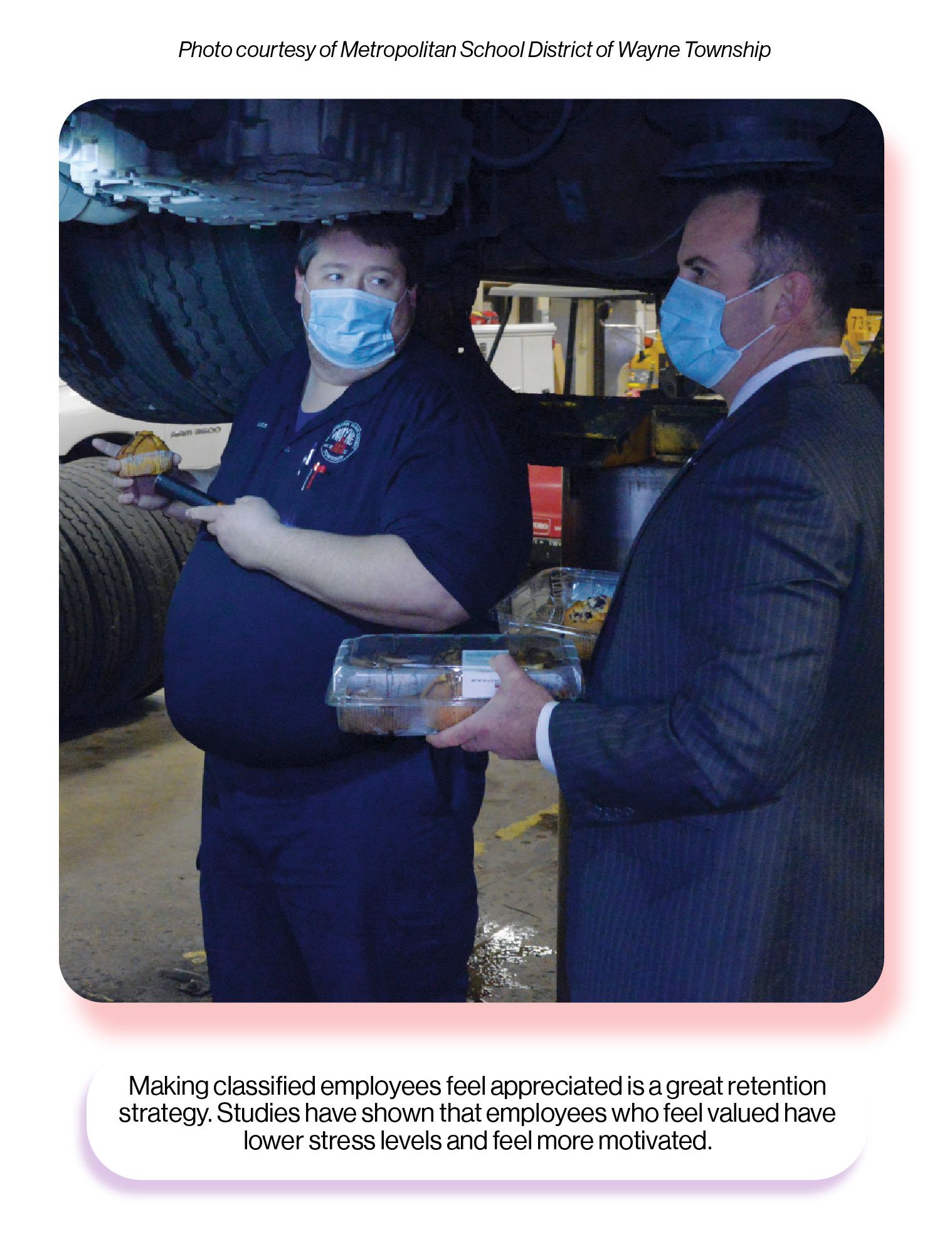 Image: Dr. Butts sharing muffins with district automotive staff, with the SchoolCEO caption 'Making classified employees feel appreciated is a great retention strategy. Studies have shown that employees who feel valued have lower stress levels and feel more motivated.'