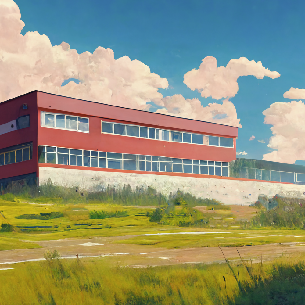 Illustration of a red, modern school building with grassy field in the foreground