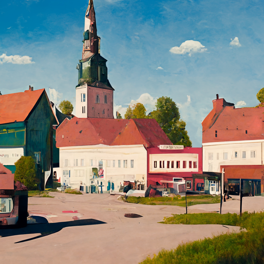 Illustration of old church with small town street and aged buidings