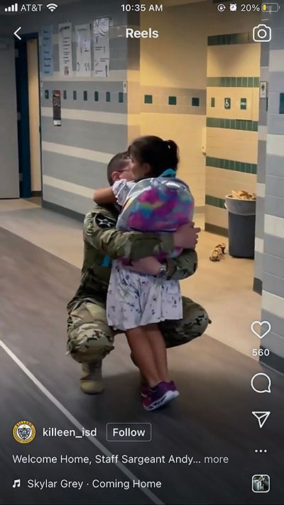 Screenshot of Killeen ISD's Instagram Reels of a soldier reuniting with this child